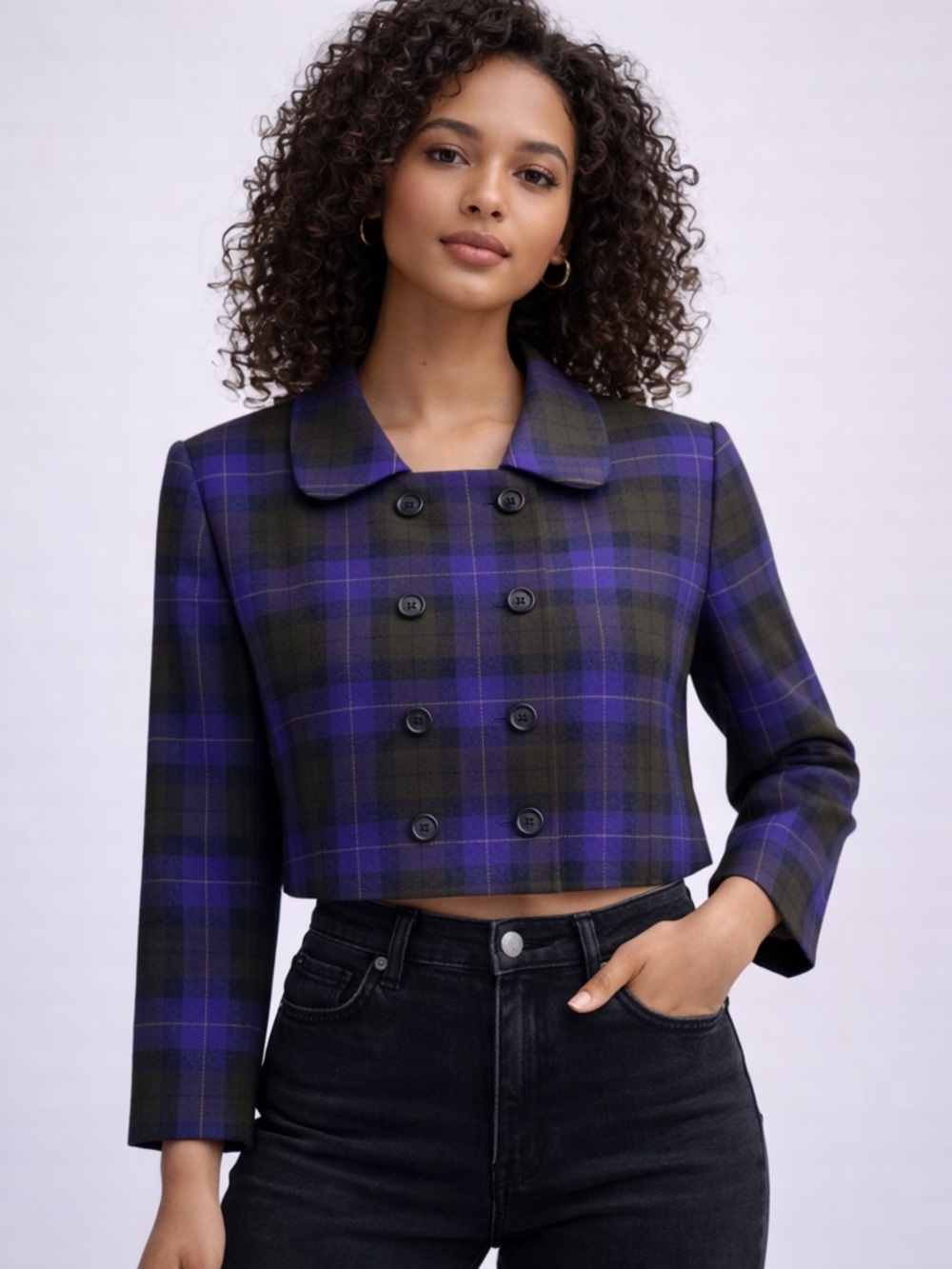 Vintage 90s Amanda Smith Purple Plaid Wool Cropped Jacket Blazer Size 10